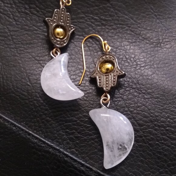 Luna Moon Goddess Earrings! Quartz Moons & Hamsa Hand - Protection & Blessings - Picture 13 of 14